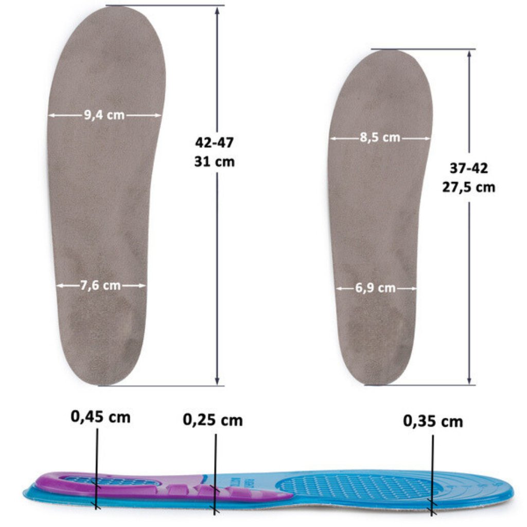 Veľkosti a presné rozmery gélový vložiek do obuvi Basic Thin