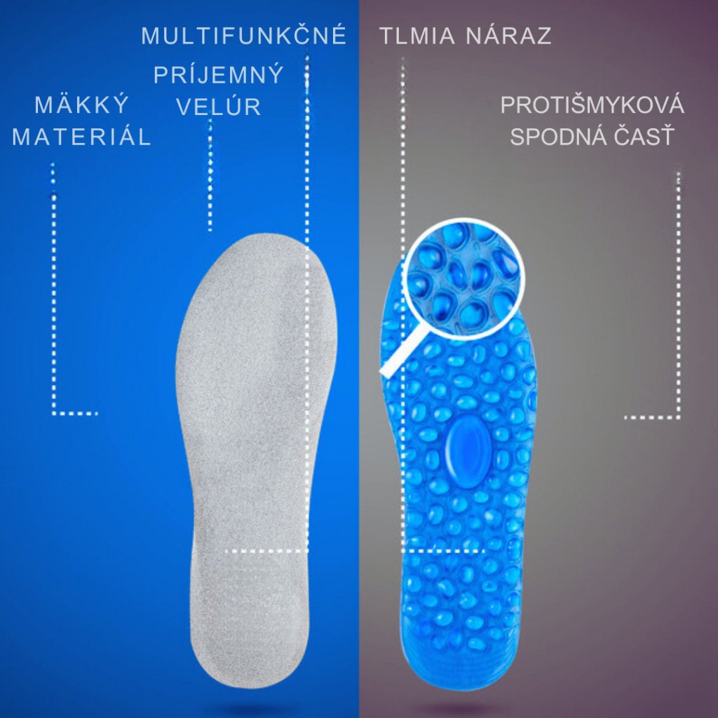 Povrch a spodná časť gélových vložiek do topánok s masážnym účinkom