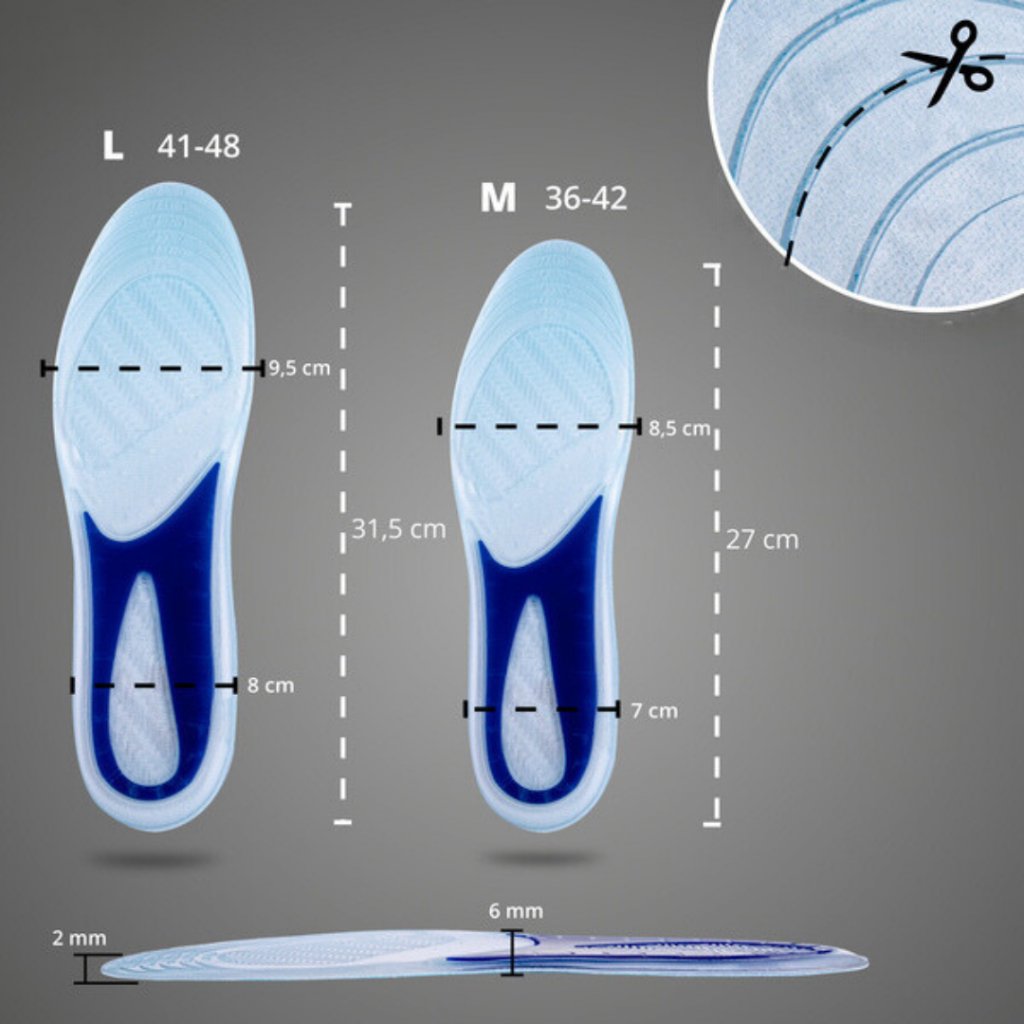 Grafické znázornenie rozmerov pohodlných gélových vložiek do topánok Comfort